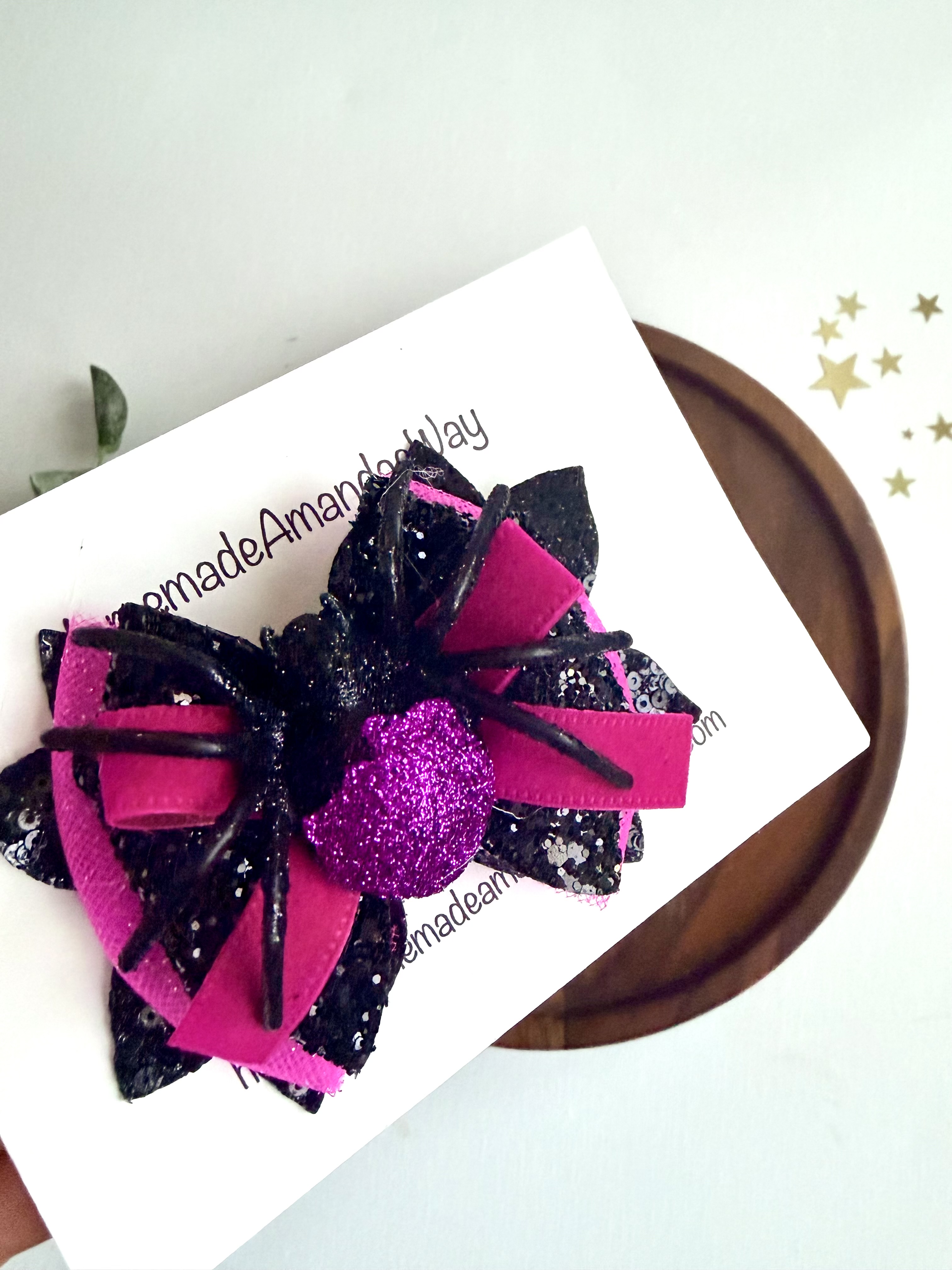 Halloween Spider Bow — Black & Pink Glitter — handmade hair bow in Black & Hot Pink