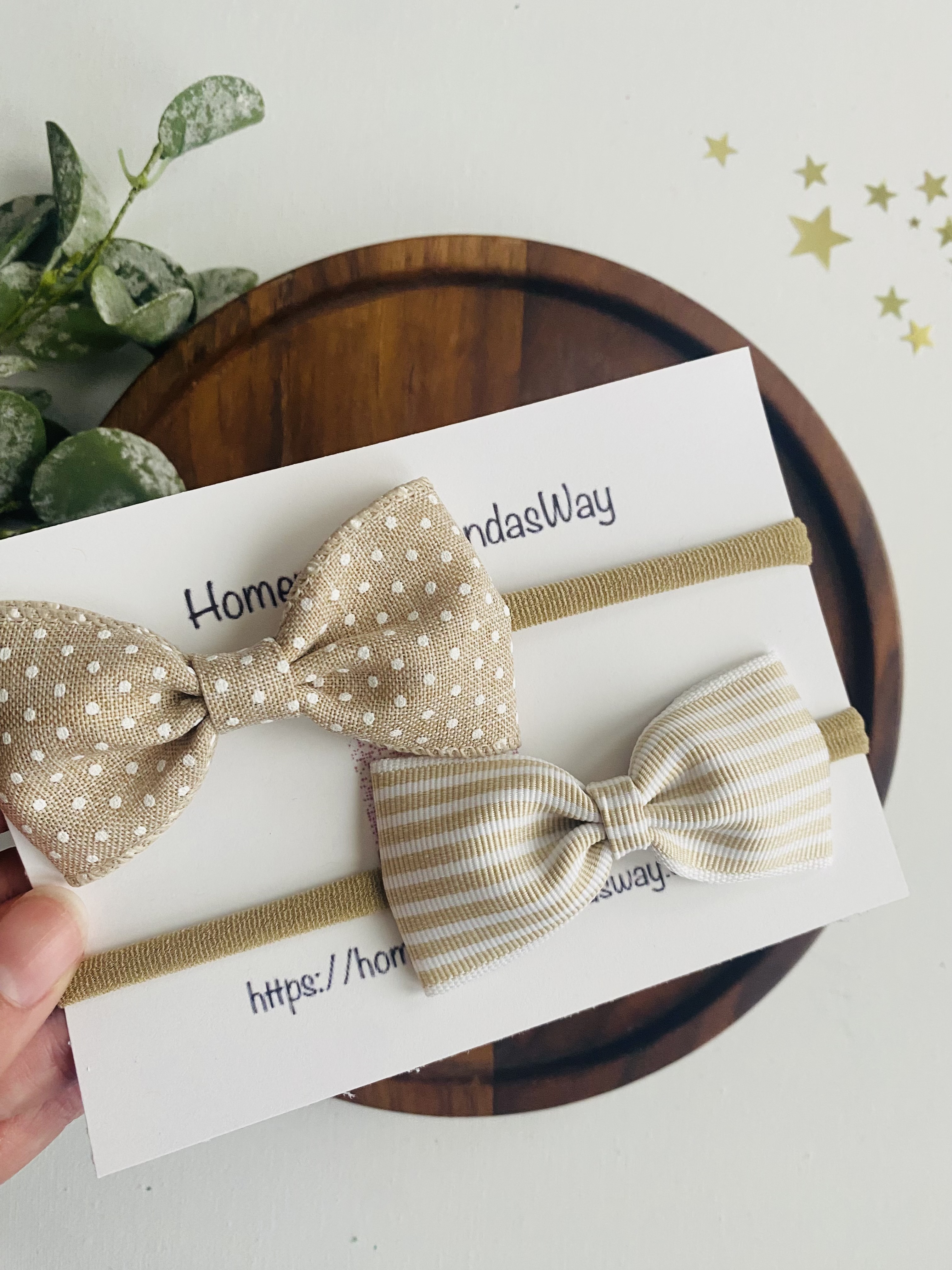 Baby Neutral Polka Dot & Stripe Bow Set — 2 Pack — handmade hair bow in Natural Beige