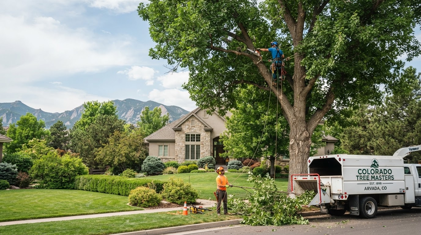 Professional tree care crew trimming a large healthy tree at a residential property in Arvada, Colorado