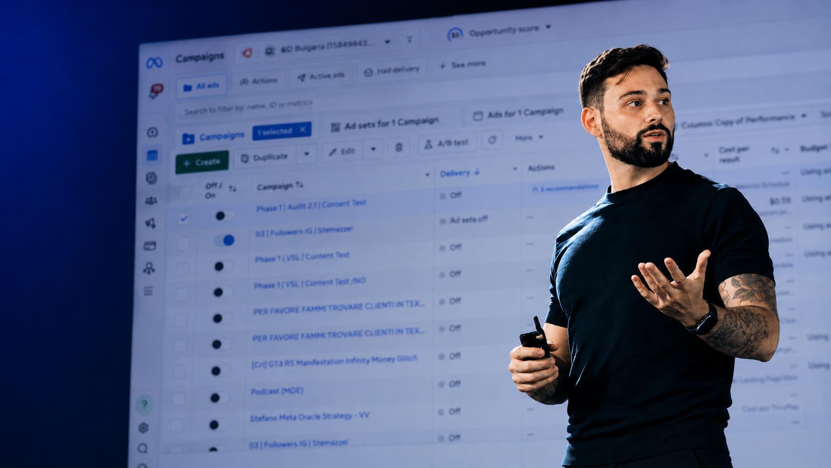 Stefano Mazzei speaking during a performance marketing event