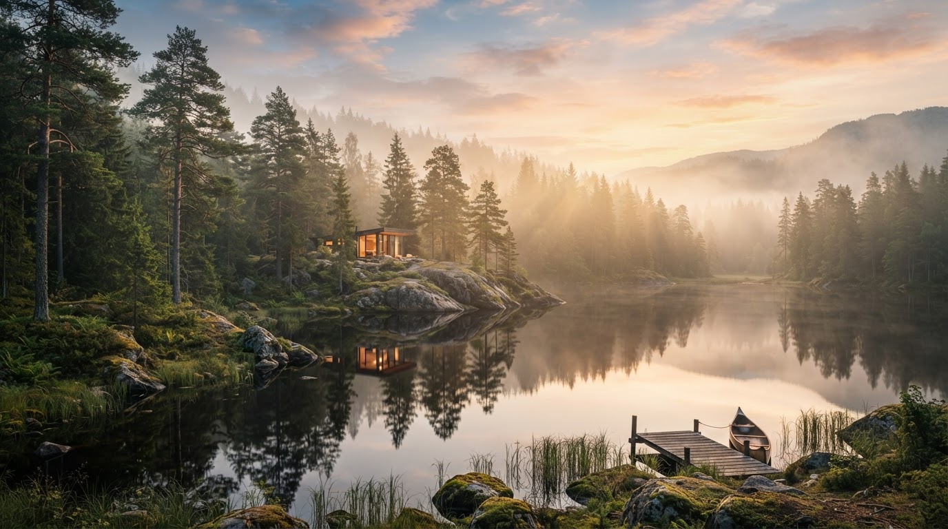 Pristine Scandinavian forest at golden hour — untouched natural wilderness