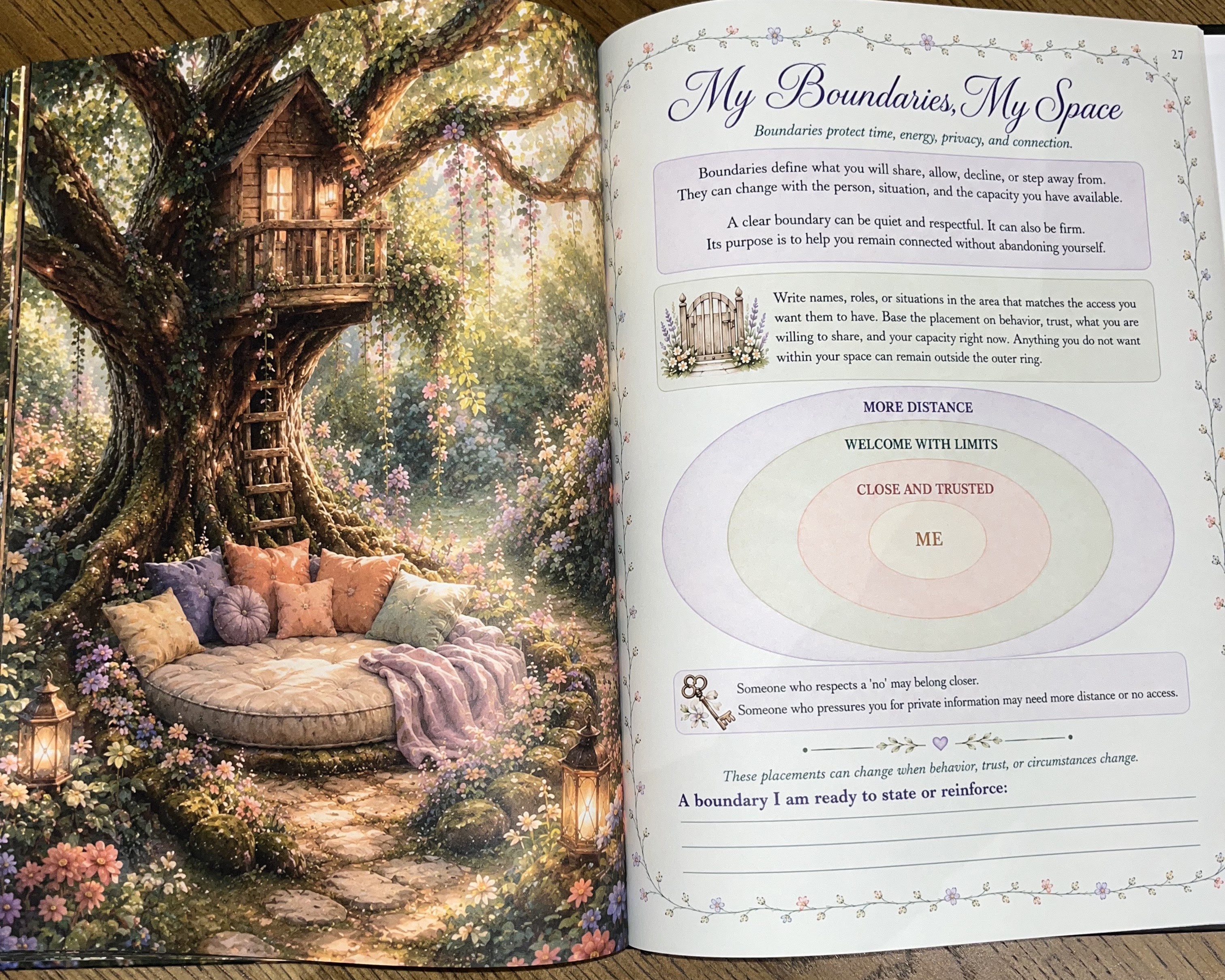 Two-page spread of 'My Boundaries, My Space' concentric circles exercise and treehouse sanctuary illustration from the Safe and Grounded workbook