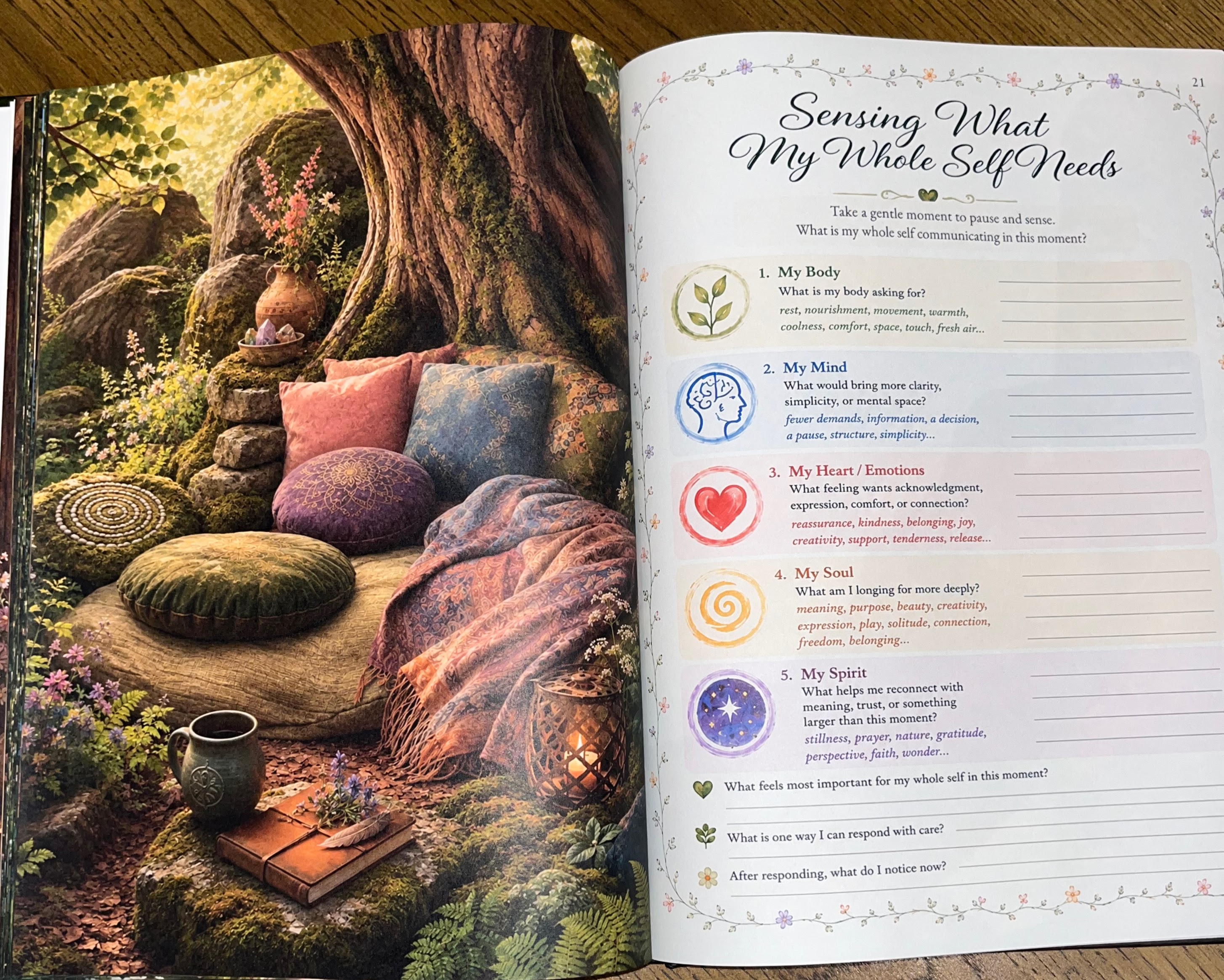 Two-page spread of 'Sensing What My Whole Self Needs' exercise and botanical sanctuary illustration from the Safe and Grounded workbook