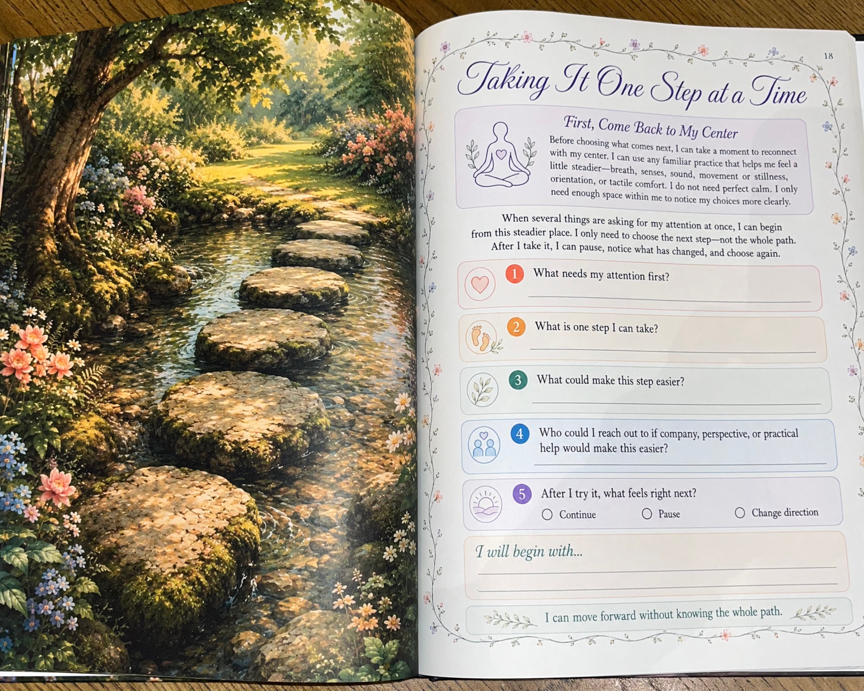 Two-page spread of 'Taking It One Step at a Time' exercise and stepping-stone stream illustration from the Safe and Grounded workbook