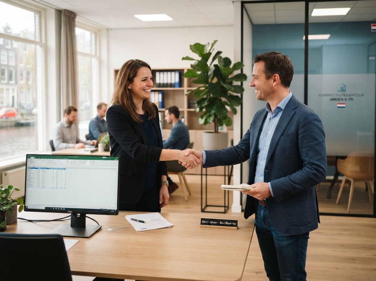 Administratiekantoor verwelkomt een nieuwe klant met een handdruk