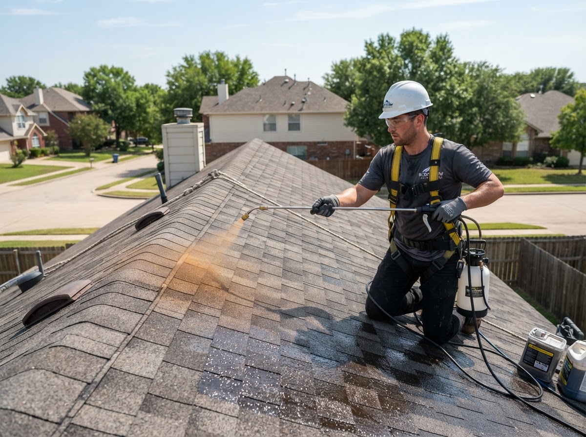 Professional roofing technician applying spray-on roof rejuvenation treatment