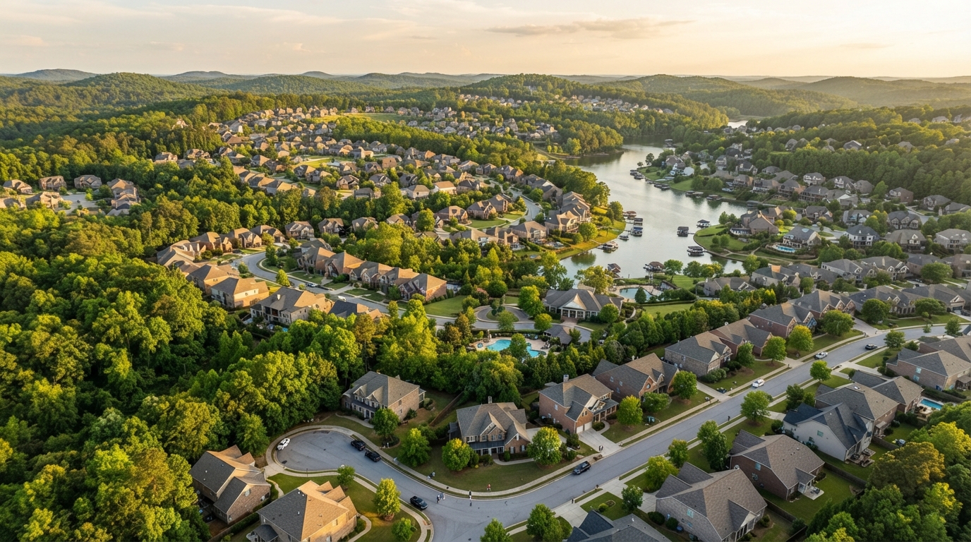 Aerial view of central Georgia neighborhoods served by Lakeside Roof Restoration
