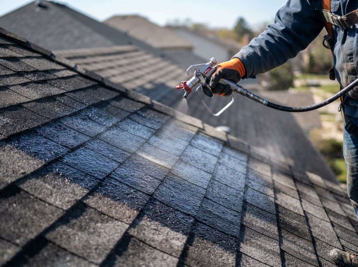 Spray Application step in the Lakeside roof restoration process