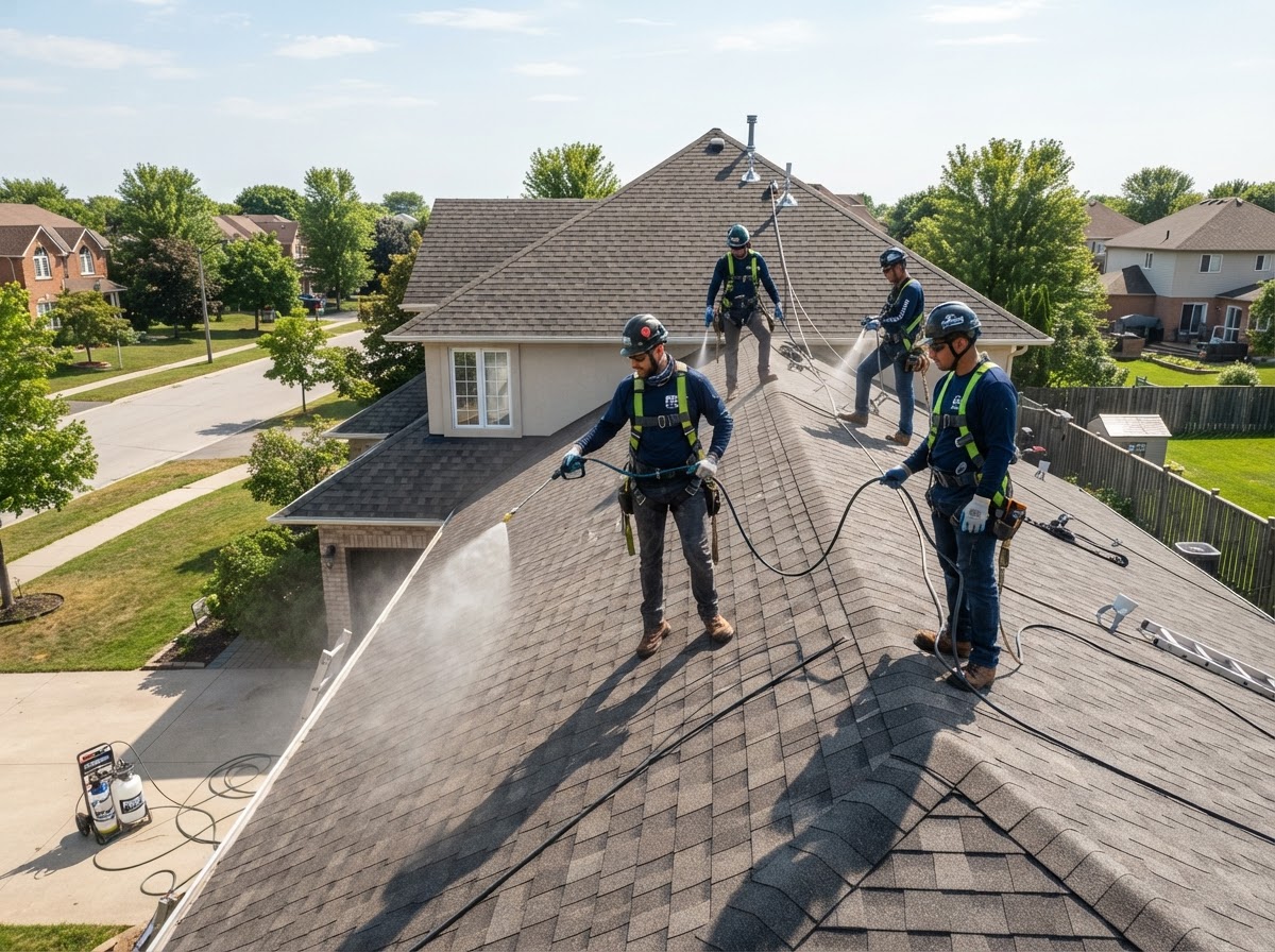 Lakeside Roof Restoration crew applying Roof Shield treatment to a residential asphalt shingle roof