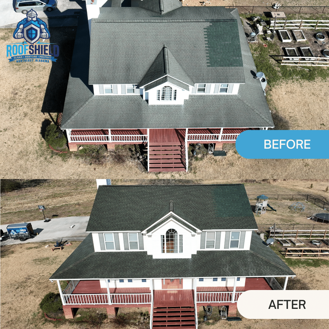 Aerial before and after view of a roof restored with the Roof Shield treatment