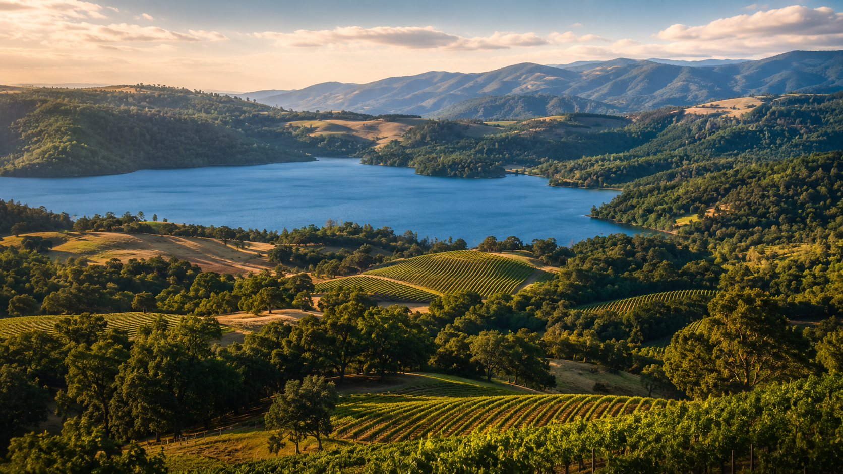 Panoramic view of Napa Valley vineyards with lake and rolling hills