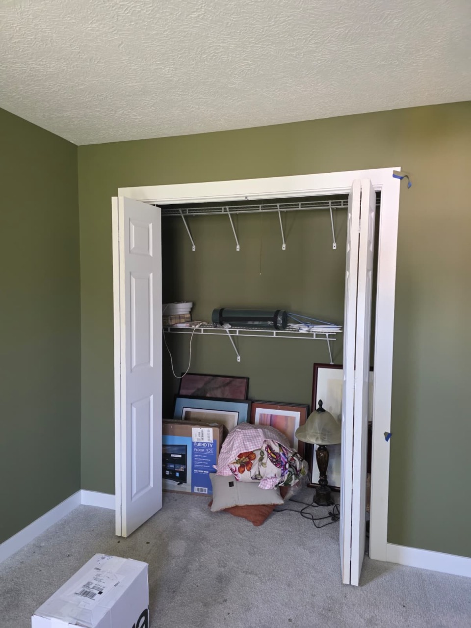 Interior room painted in sage green with white trim and organized closet