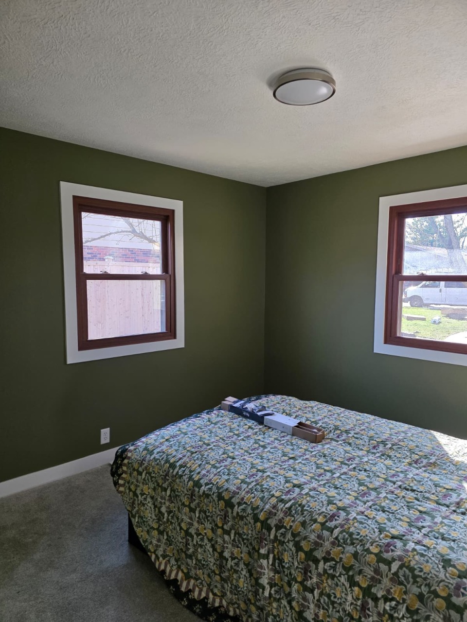 Spacious bedroom with fresh olive green paint on all walls, dual windows with dark wood trim and white casings