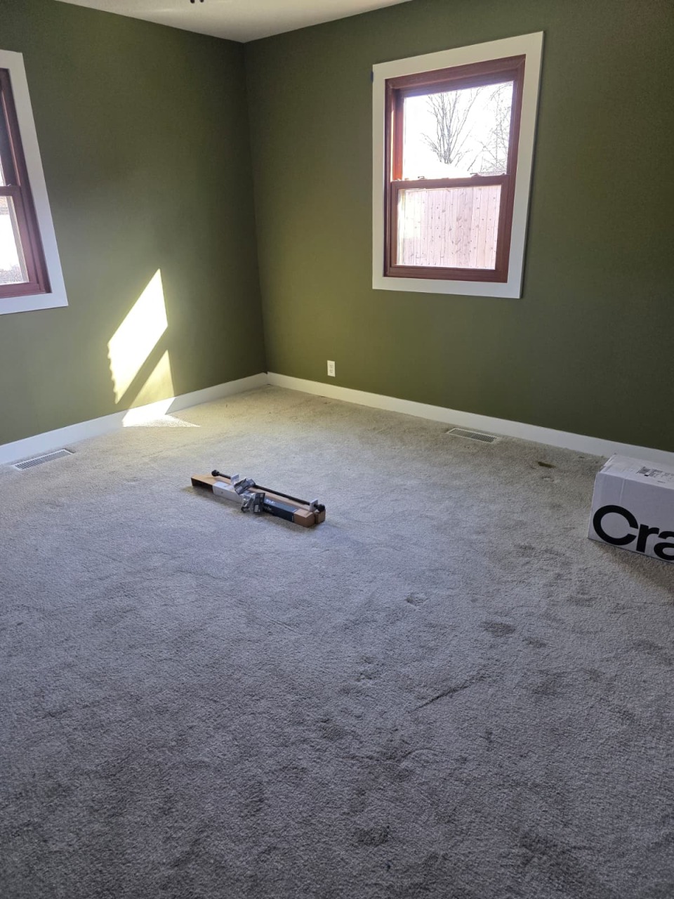 Olive green painted bedroom with wood-trimmed windows, white baseboards, and carpet flooring showing clean finish work