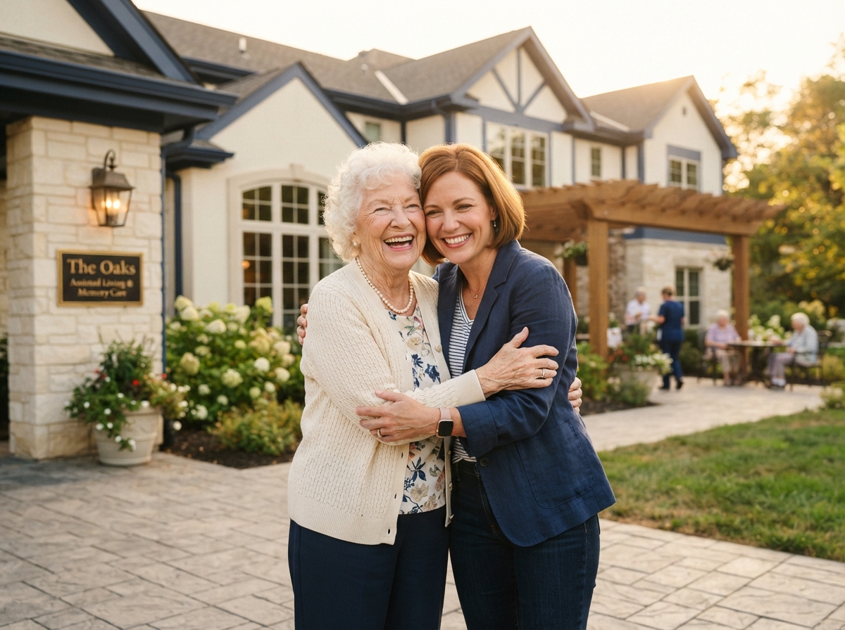 A senior woman and her daughter embracing outside an assisted living community