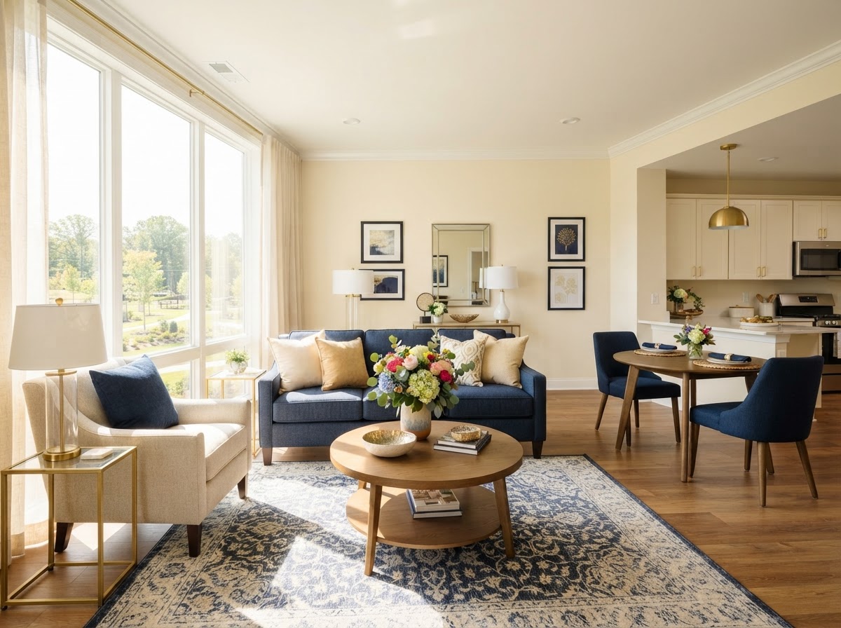 A beautifully staged senior living apartment interior, move-in ready