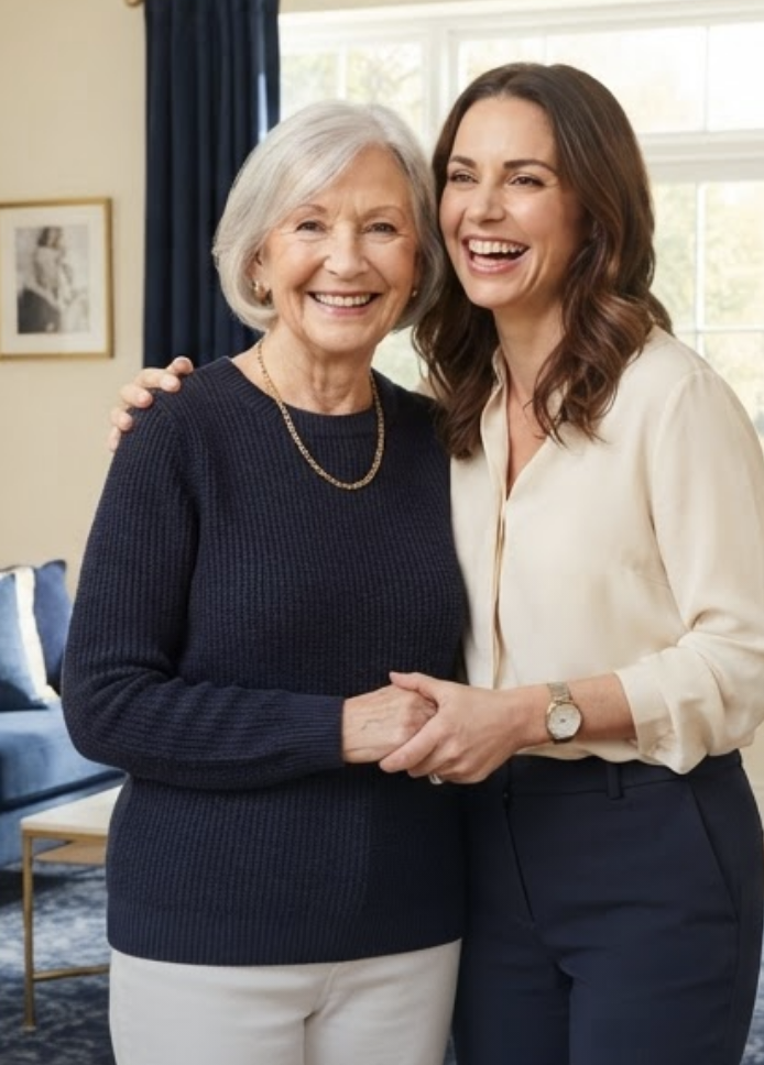 Mother and daughter smiling together, happy and relieved