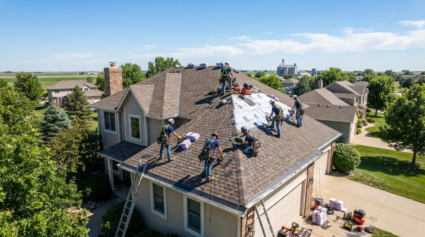 Ramos Roofing crew completing a roofing project in Omaha, Nebraska