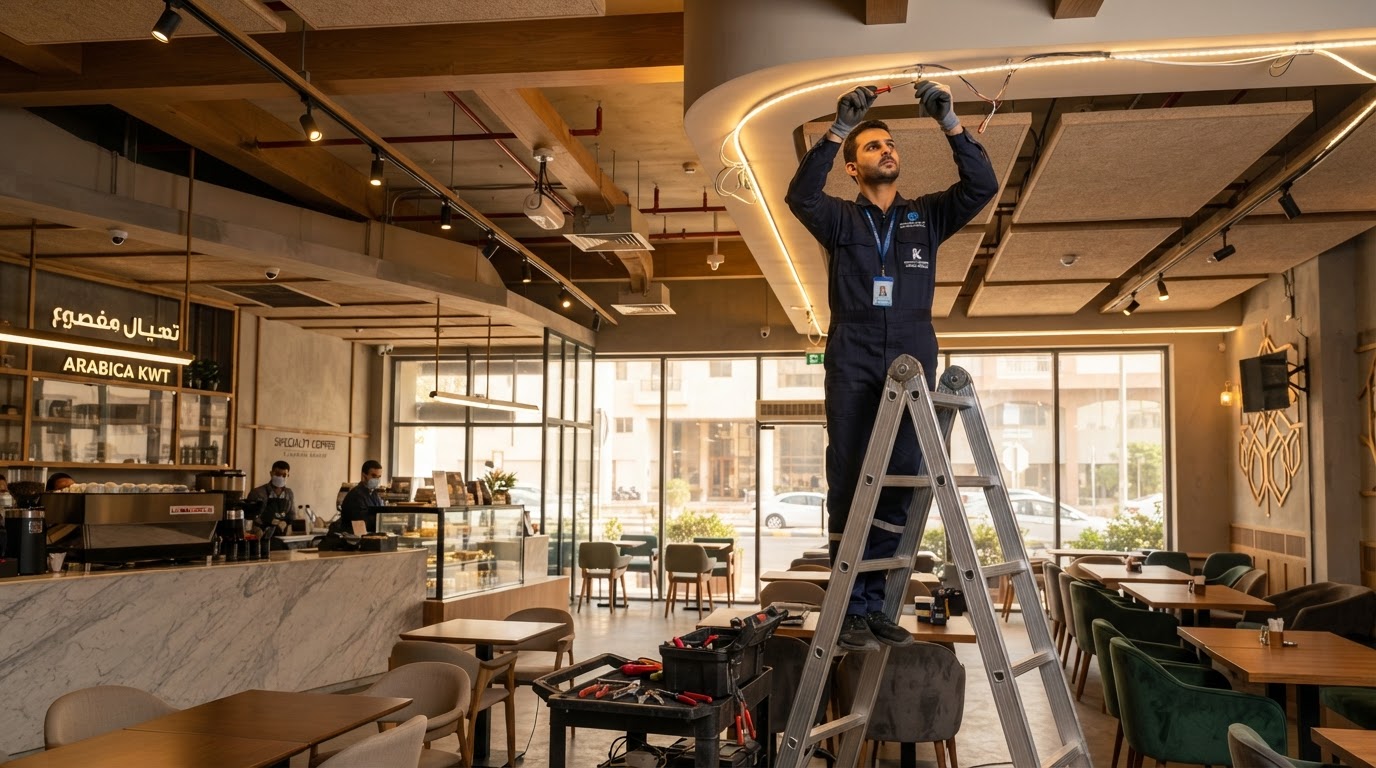 Technician maintaining LED lighting inside a modern café in Kuwait