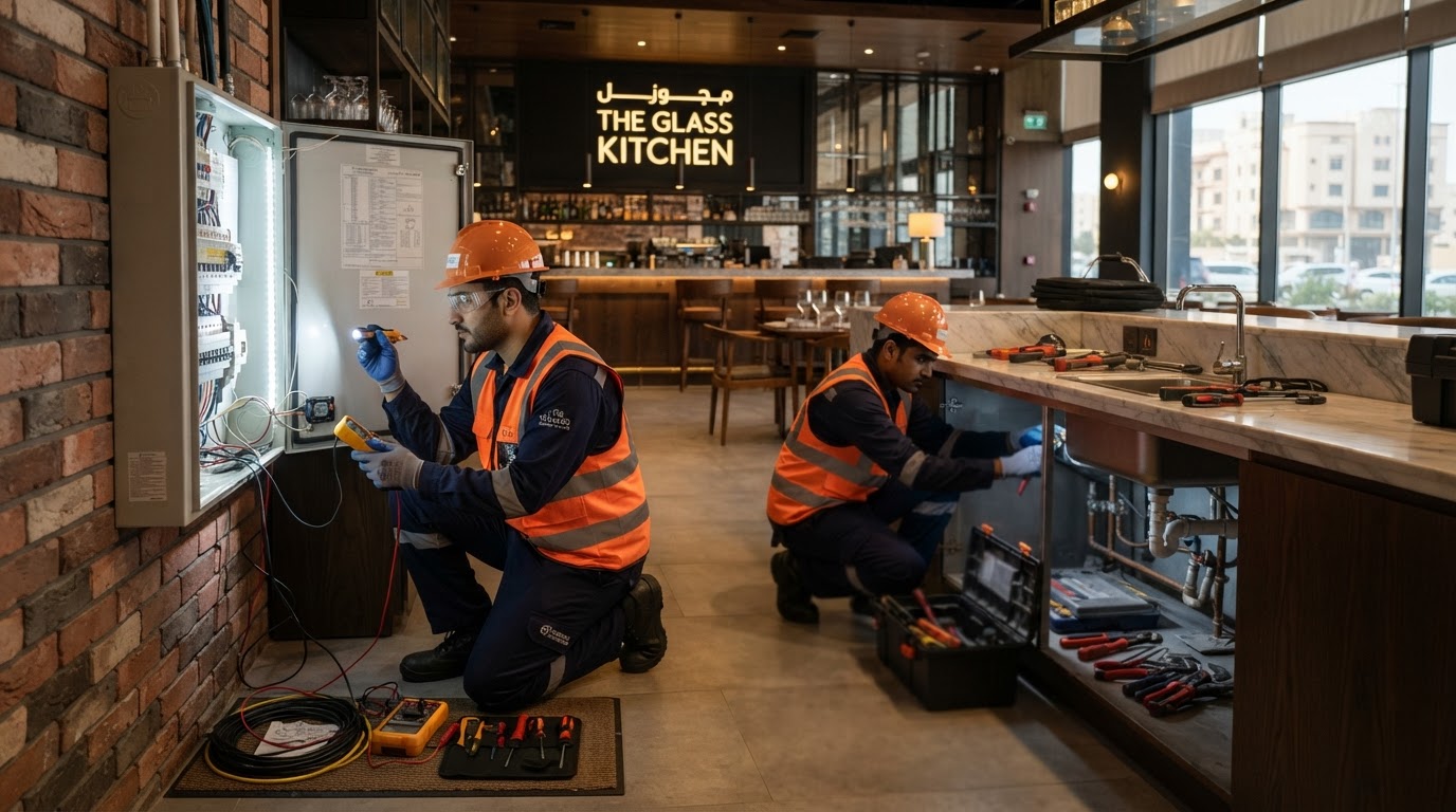 Commercial maintenance technicians working inside a premium restaurant in Kuwait