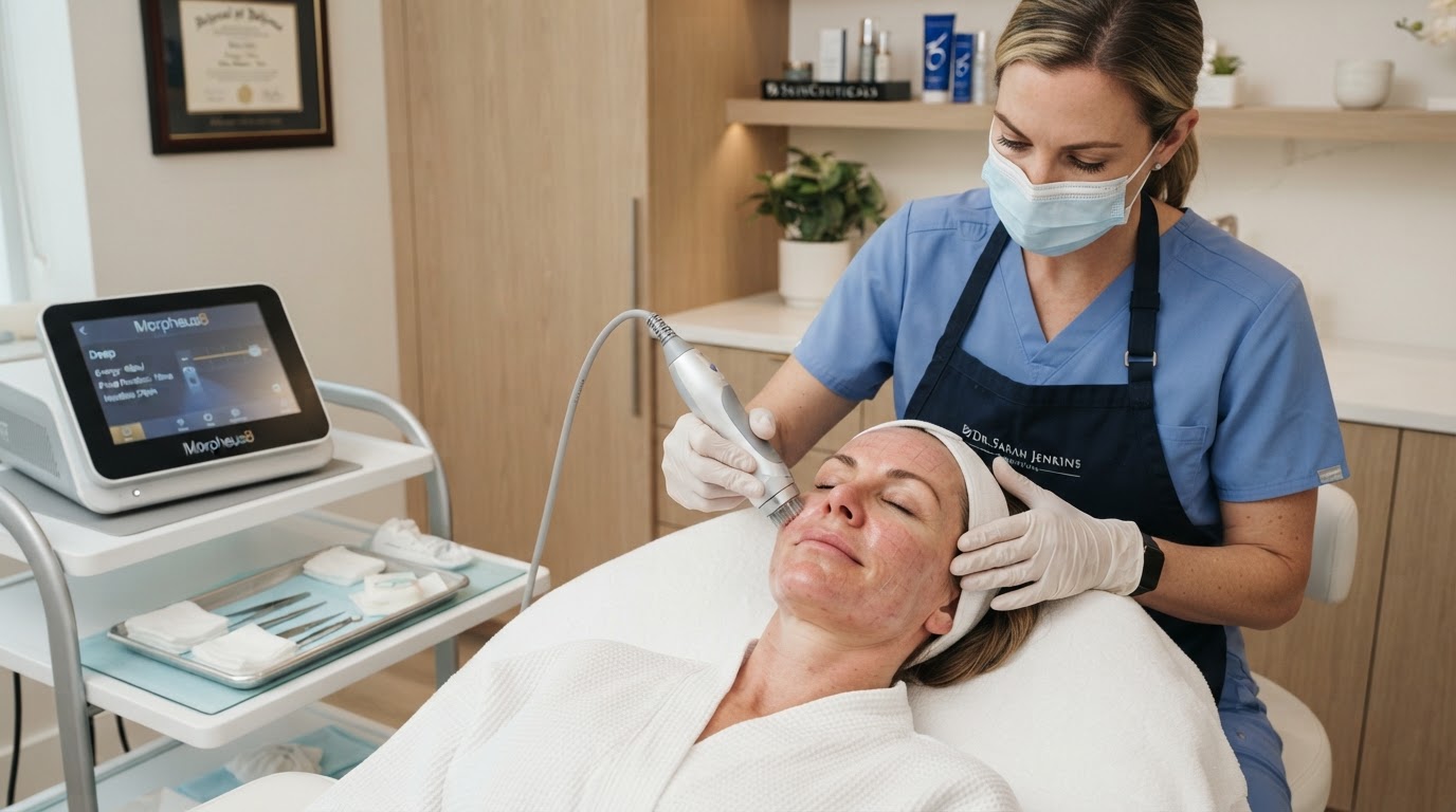 Morpheus8 RF microneedling treatment device being used in Pembroke Pines med spa