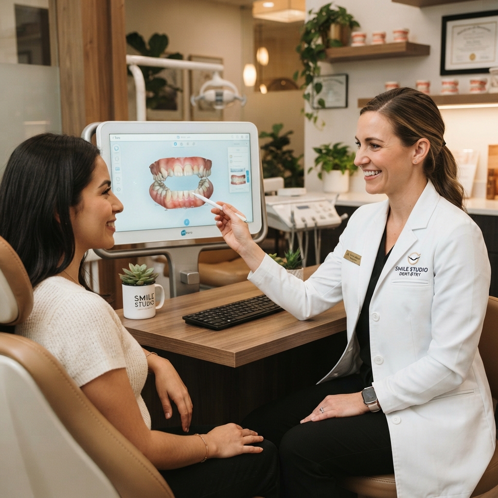 Dentist reviewing digital dental scan with patient