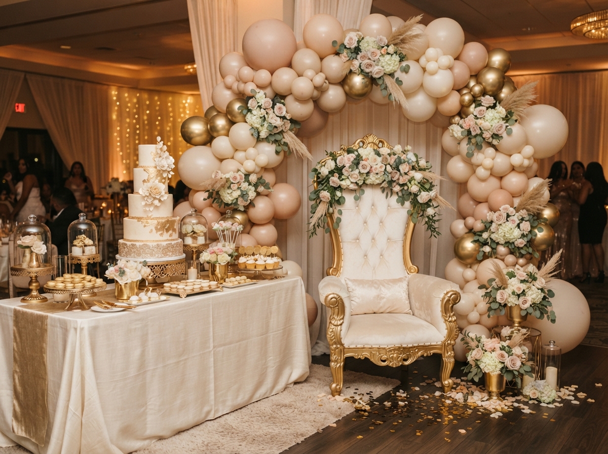 Stylish Sweet 16 party design with blush balloon garland and champagne details by Luxury Group FF Corp
