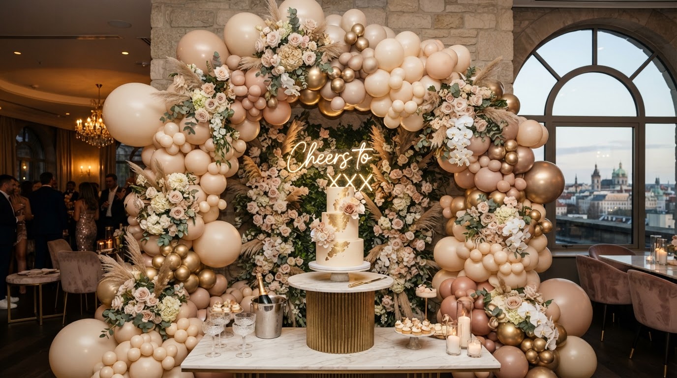 Organic balloon installation with sage green and cream palette by Luxury Group FF Corp