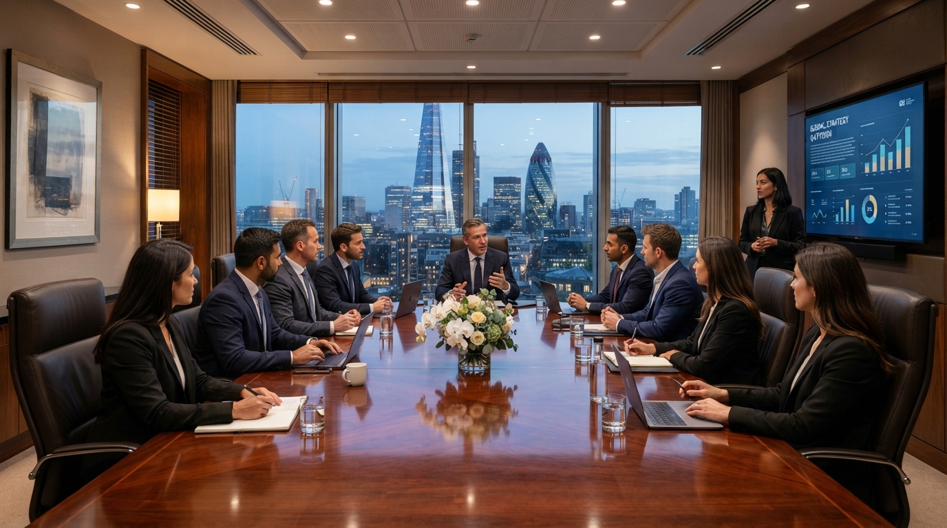 Polished executive meeting with elegant table setup and branded decor by Luxury Group FF Corp