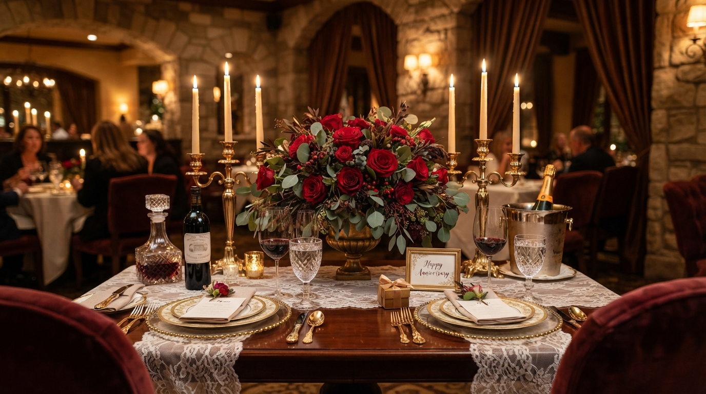 Refined romantic anniversary celebration with rose arrangements and candlelight by Luxury Group FF Corp