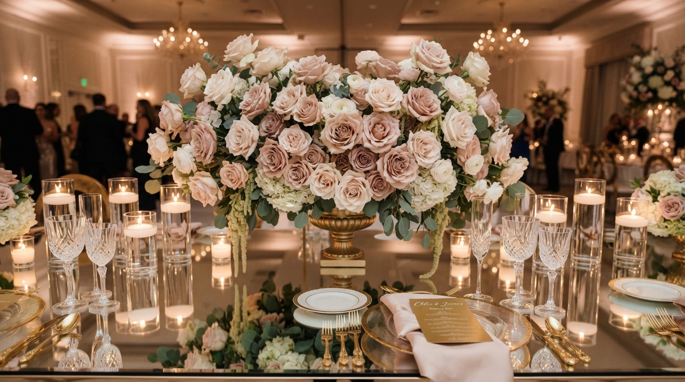 Soft pink floral arrangement and rose styling by Luxury Group FF Corp
