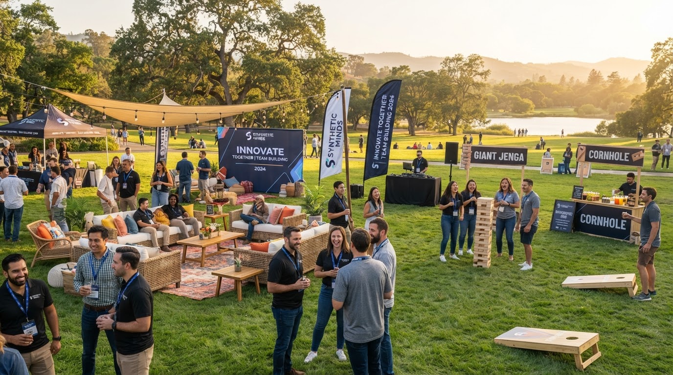Corporate team building outdoor lawn event with lounge furniture and branded banners