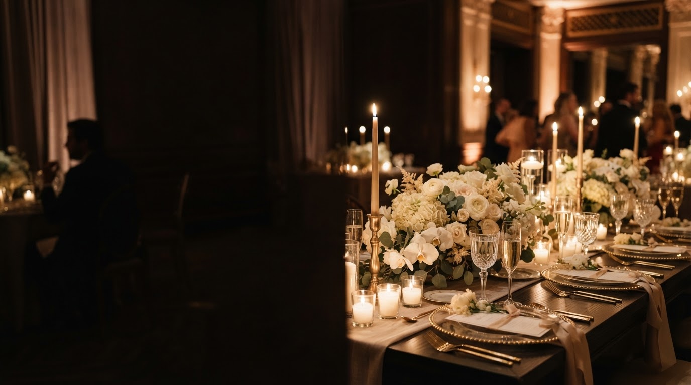 Elegant luxury event tablescape with ivory florals, candlelight and champagne details designed by Luxury Group FF Corp