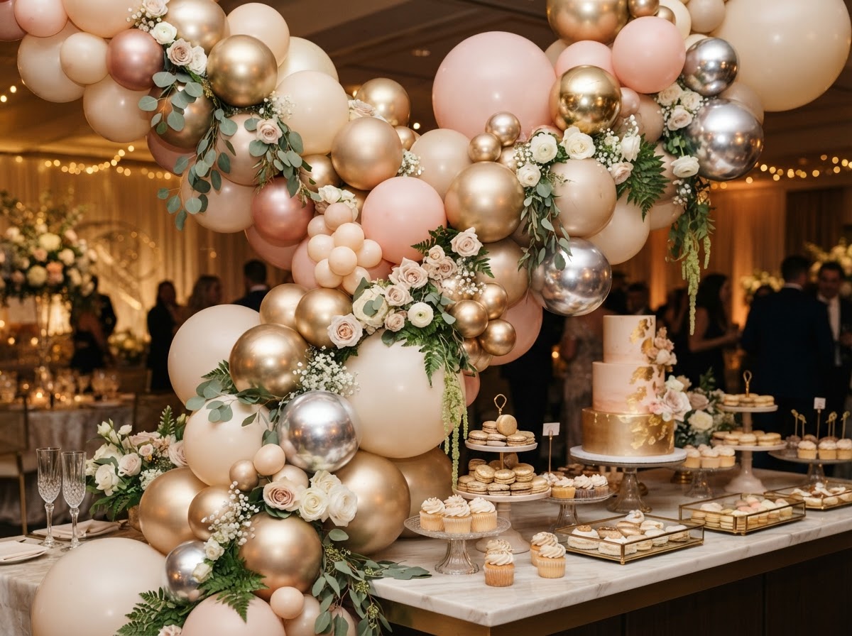 Organic balloon garland in blush and champagne tones with floral greenery woven through the installation