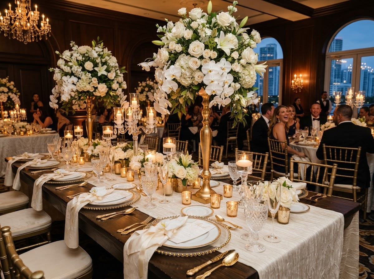 Elegant wedding tablescape with gold centerpieces