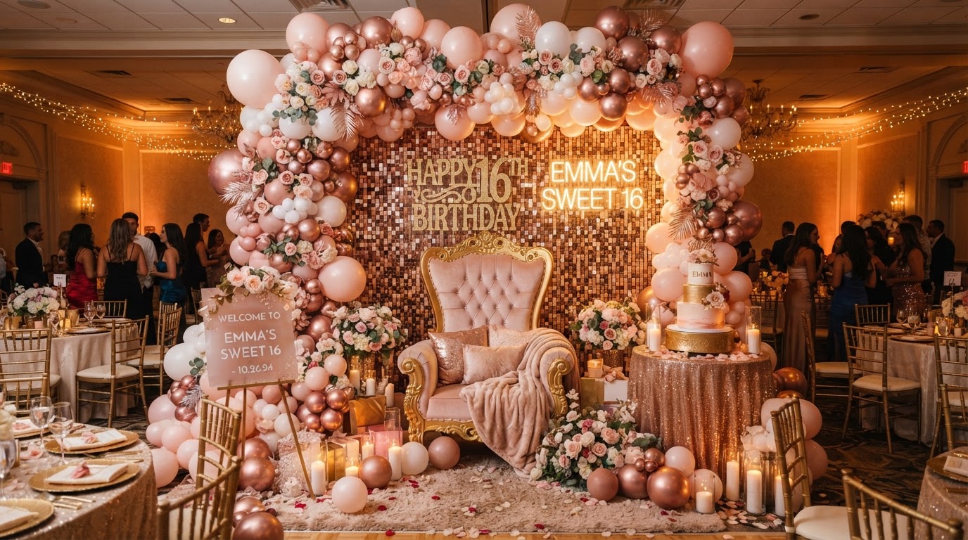 Elegant Sweet 16 celebration with blush and champagne balloon installations by Luxury Group FF Corp