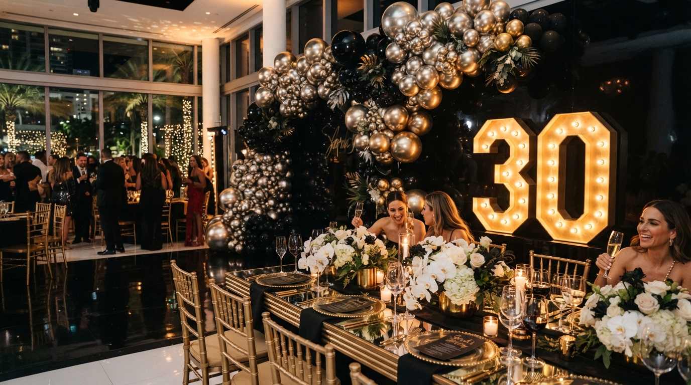 Dramatic black and gold luxury birthday celebration with illuminated marquee number