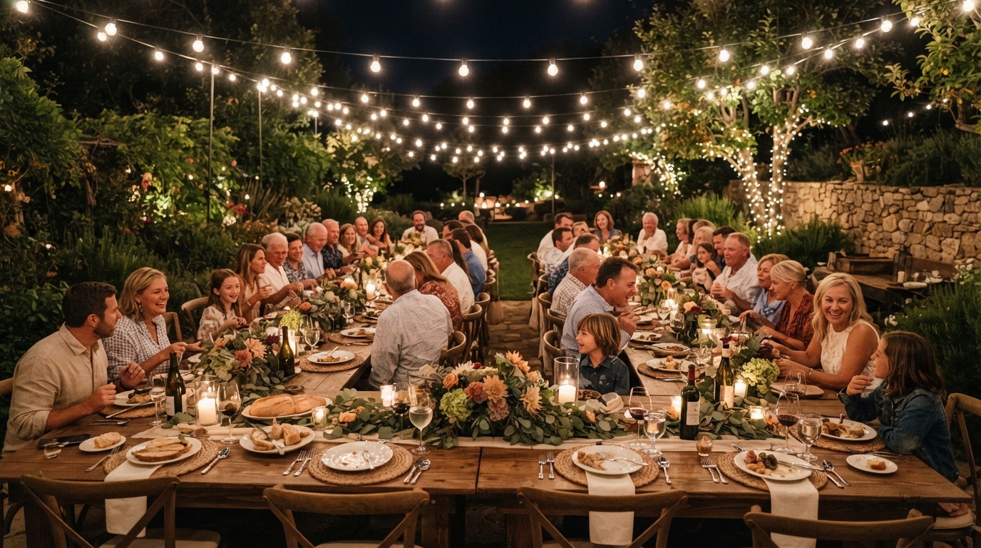 Warm and elegant family gathering with beautifully styled tablescape by Luxury Group FF Corp