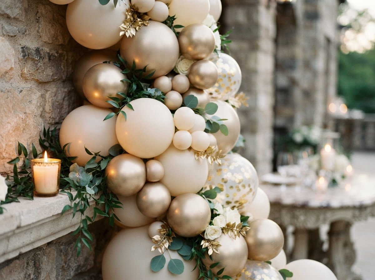 Champagne gold balloon installation detail by Luxury Group FF Corp