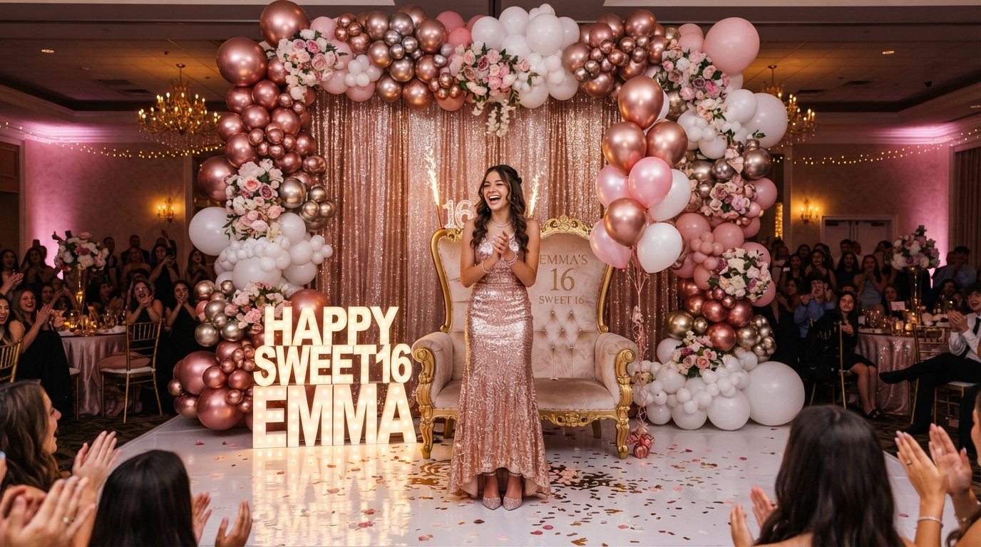 Sweet 16 celebrant on stage with custom throne and rose gold balloon arch