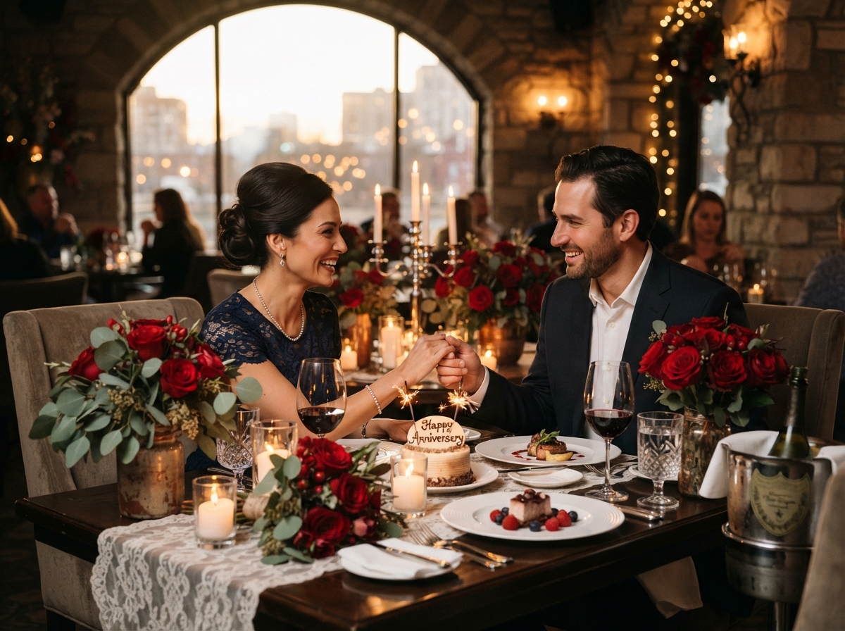 Romantic anniversary couple at candlelit dinner table surrounded by deep red roses