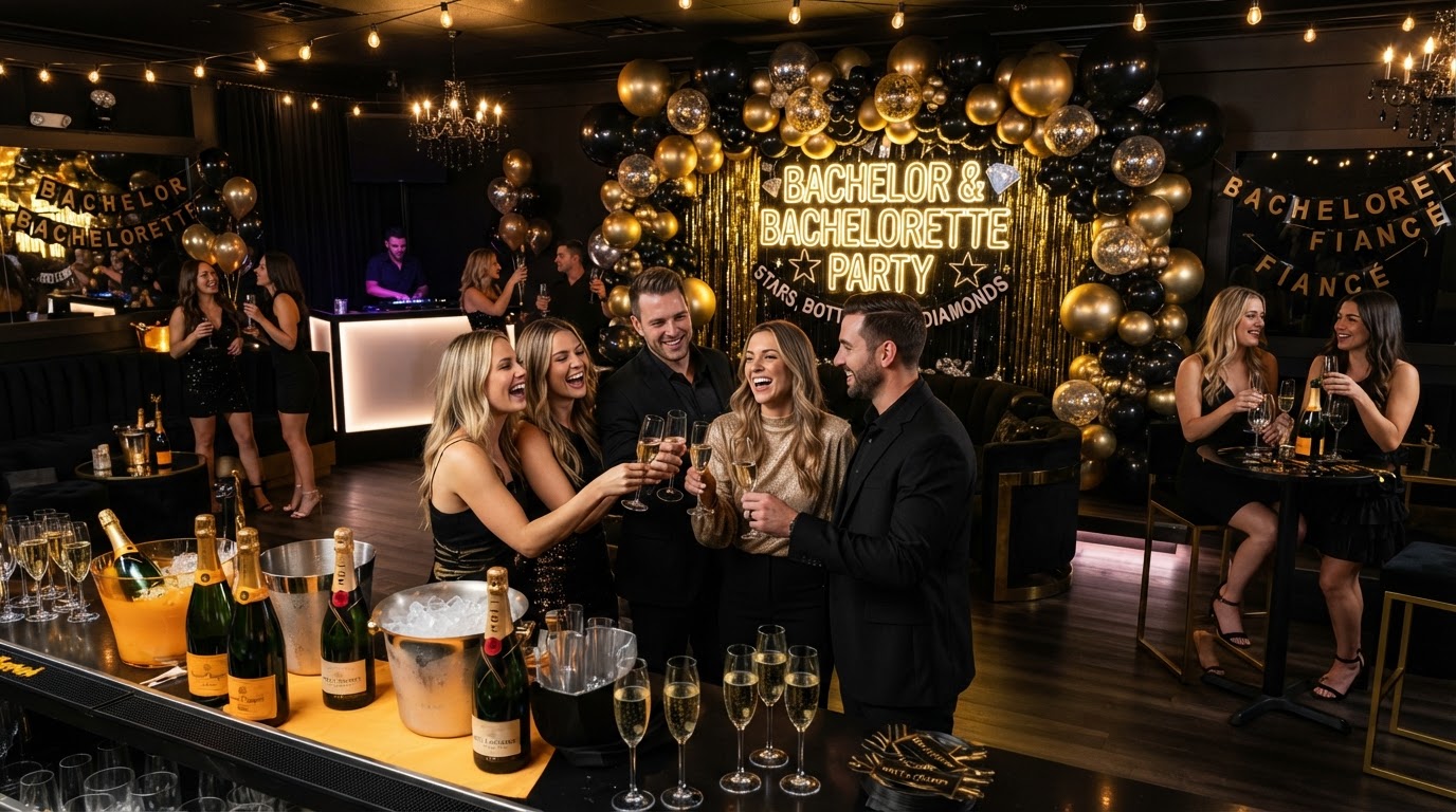 Stylish bachelor and bachelorette party with black and gold balloon installations by Luxury Group FF Corp