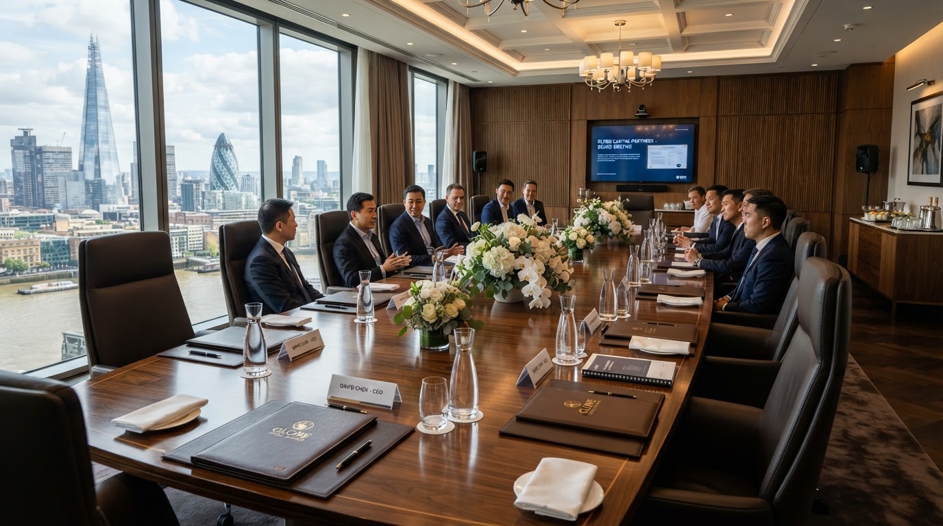 Executive meeting with premium place settings and sophisticated floral centerpieces by Luxury Group FF Corp