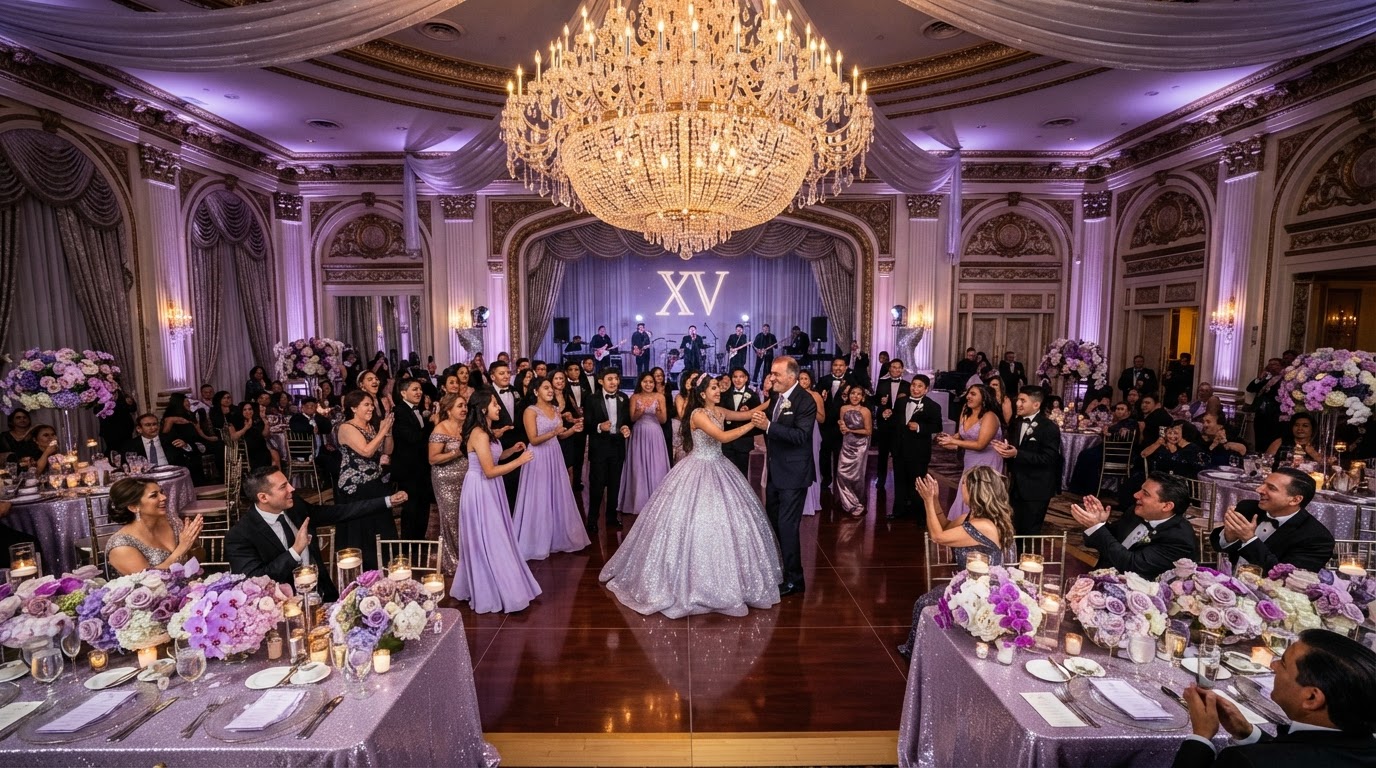 Quinceañera dance floor setup with chandelier lighting and elegant tablescapes