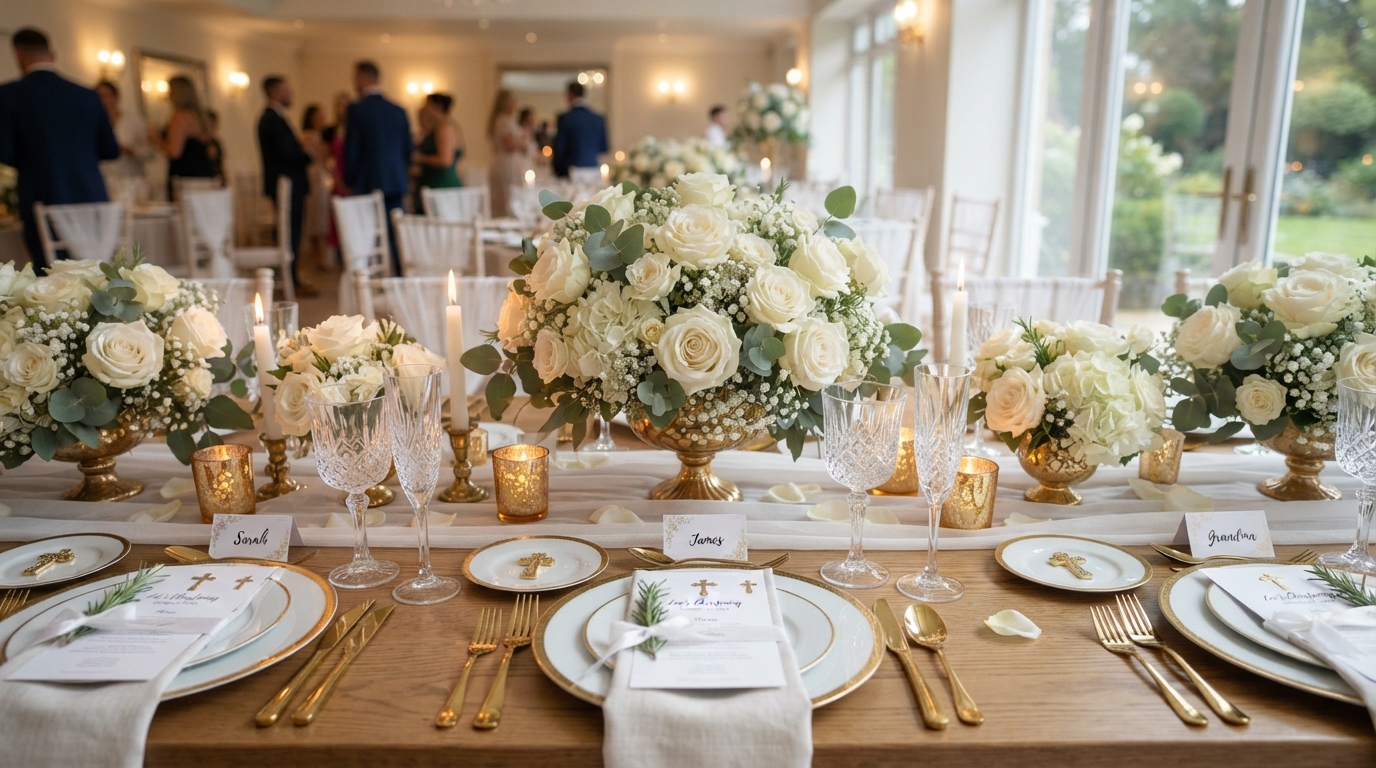 Serene christening reception table with white roses and gold candle holders