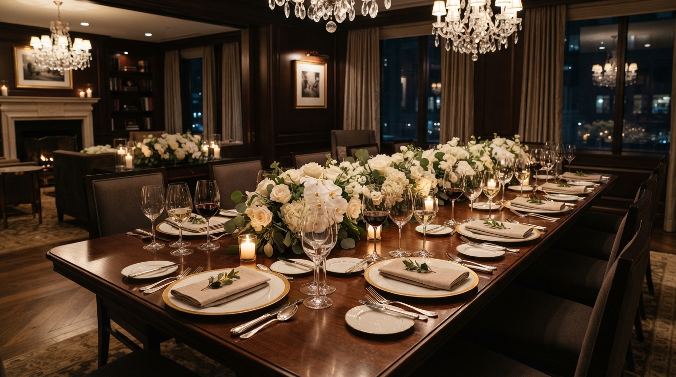 Executive board dinner table setting with white floral centerpieces and crystal wine glasses