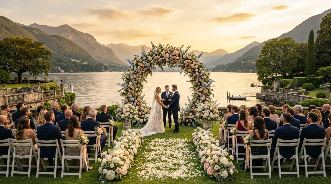 Outdoor wedding ceremony setup with sunset floral arch and decorated aisle