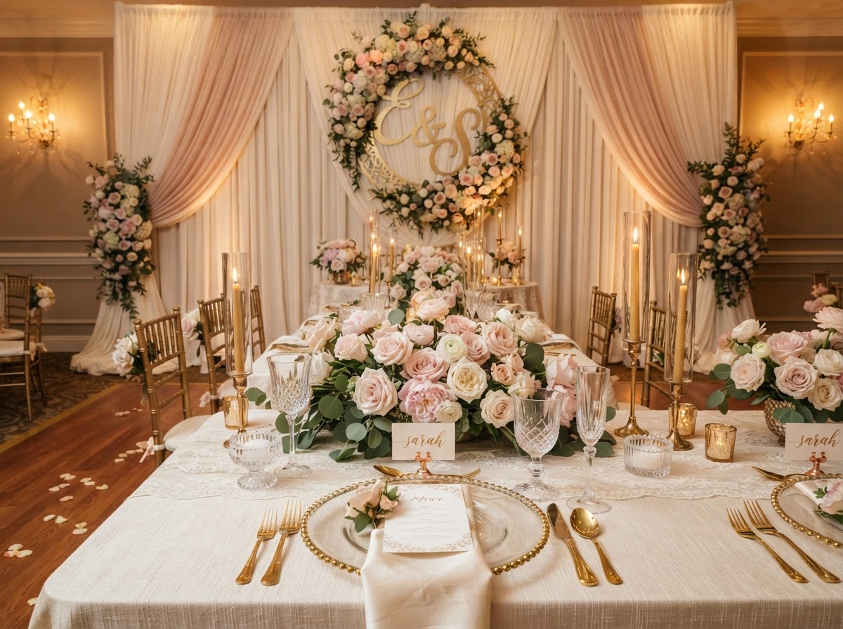 Elegant tablescape with layered linens, gold chargers, and a personalized monogrammed backdrop