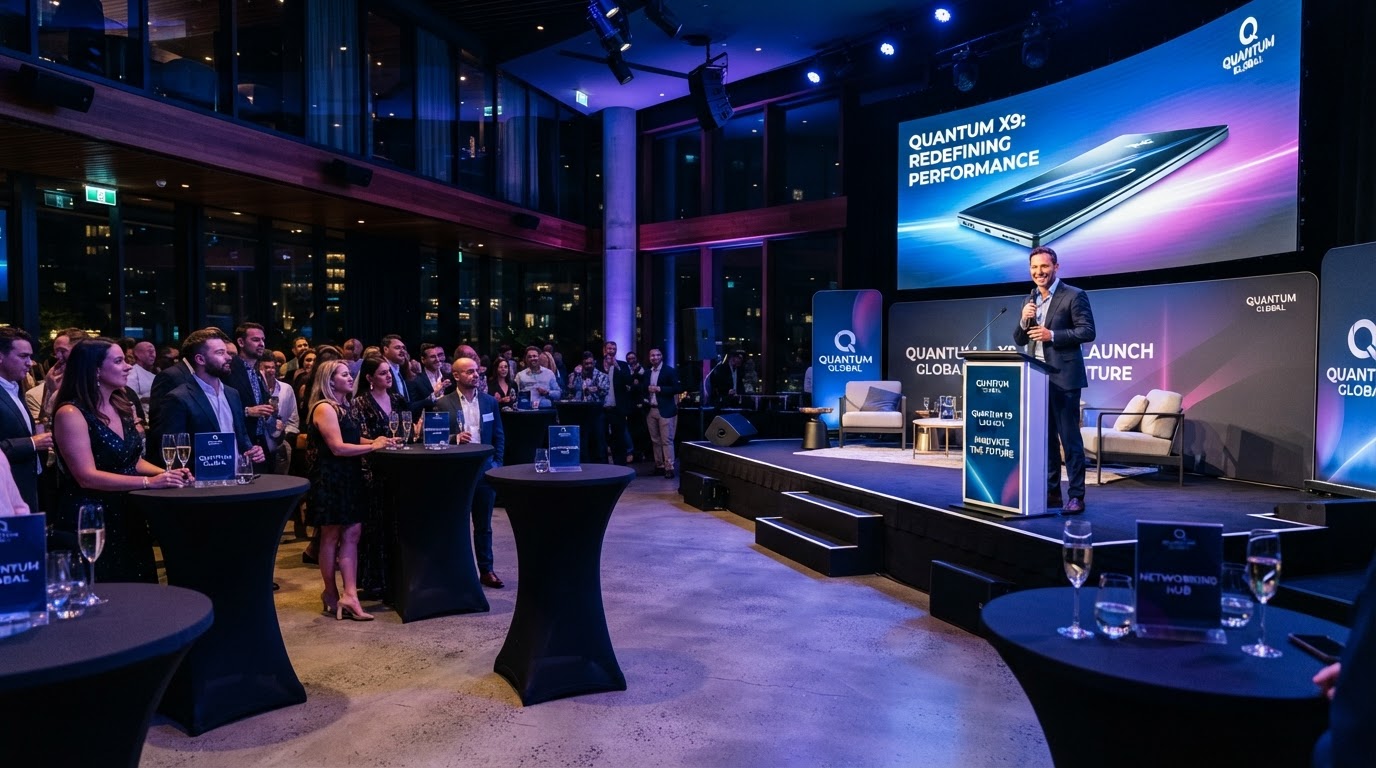 Product launch event with branded display area and premium lighting by Luxury Group FF Corp