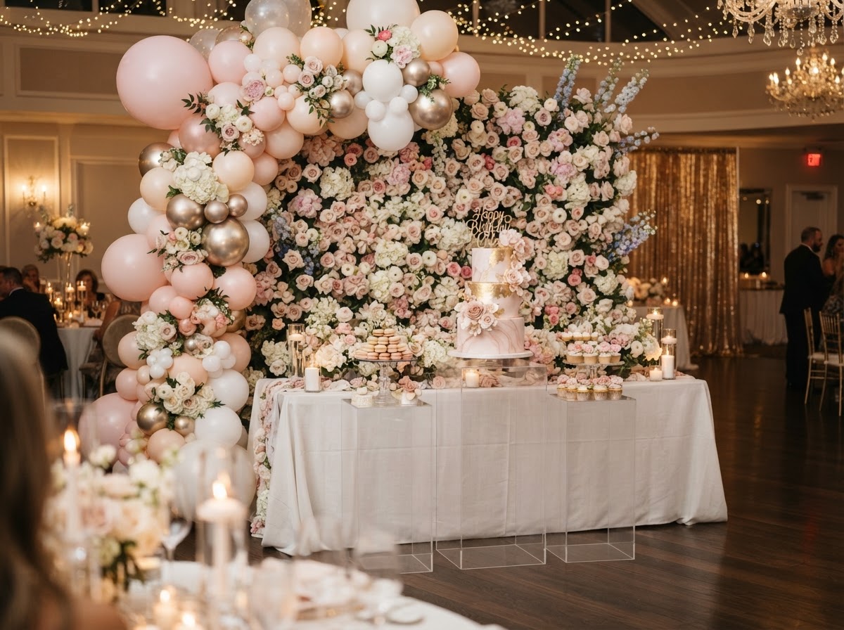 Soft pink floral arrangement and rose styling by Luxury Group FF Corp